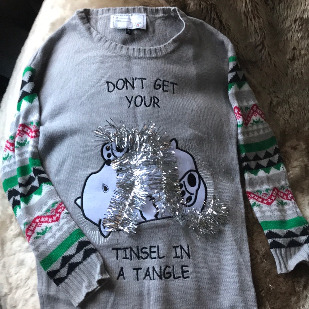 Ugly Christmas Sweater with 3D tinsel in a tangle